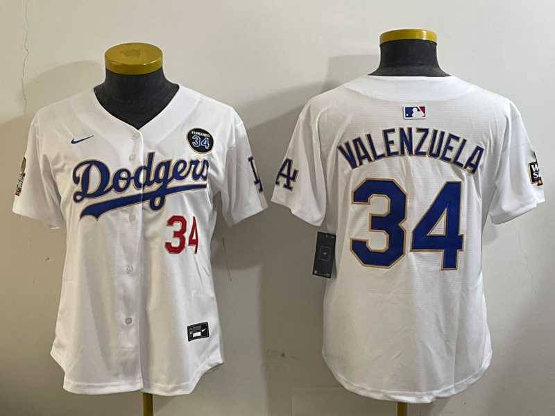 Women%27s Los Angeles Dodgers #34 Toro Valenzuela White Gold 2024 World Series With Fernando Memorial Patch Limited Stitched Jersey